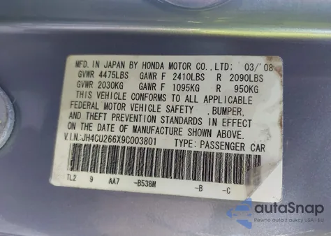 2009 Acura Tsx from USA, damaged, VIN JH4CU266X9C003801